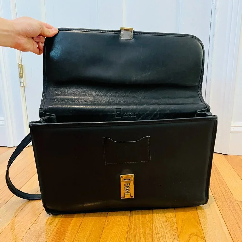 Jack Georges Leather Briefcase Messenger Bag Black Unisex Vintage Leather Gold